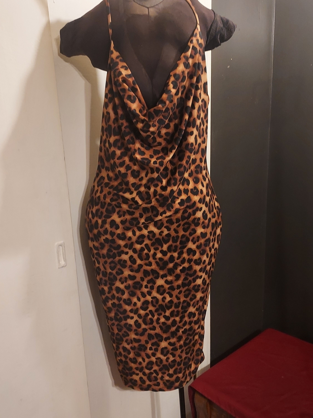 iris Leopard Print Cowl Neck Midi Dress in Brown and Black